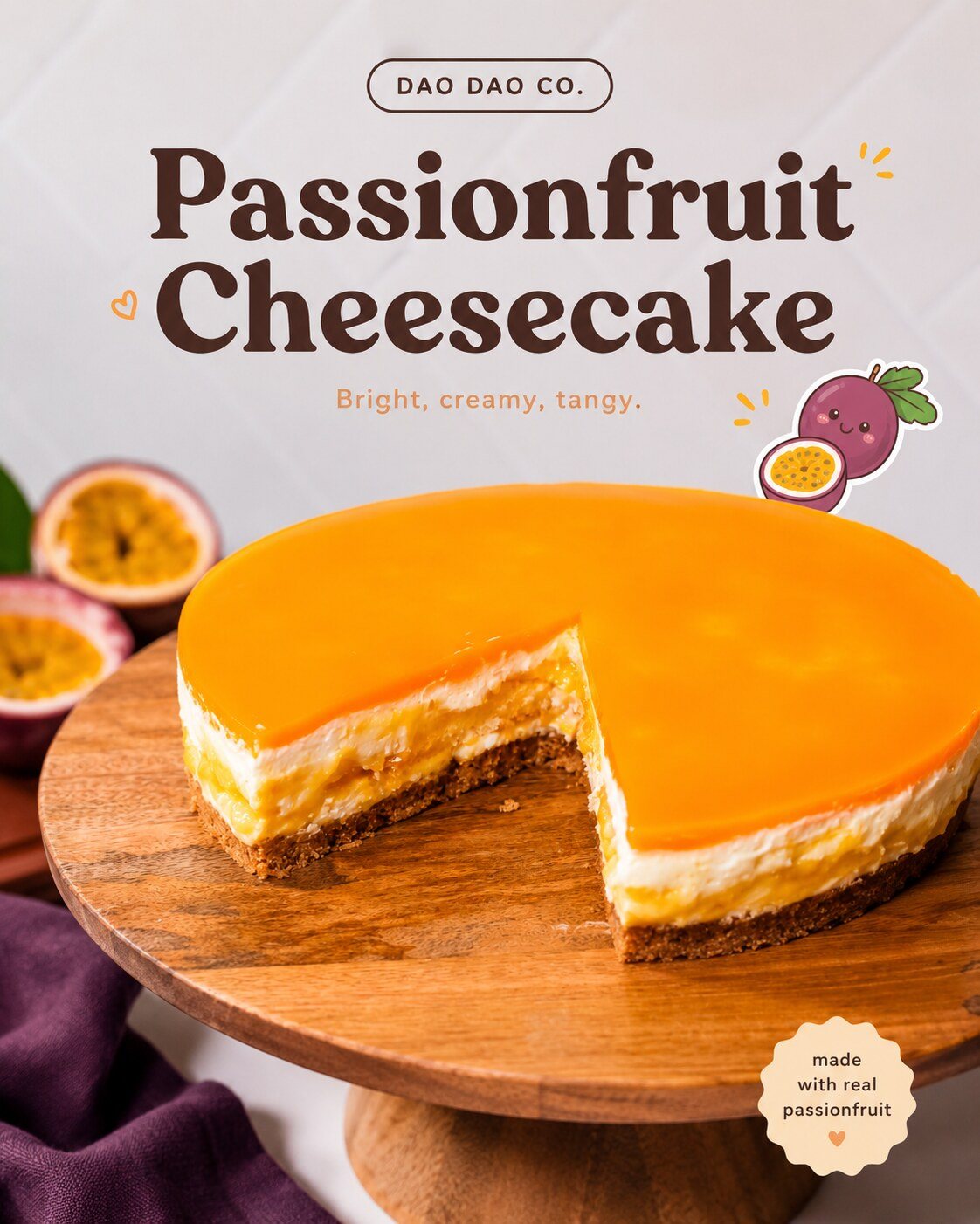 Passionfruit cheesecake presented as a finished product campaign concept